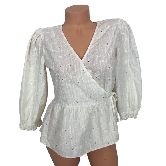 Madewell Embroidered Eyelet Lace Peplum Wrap Top Size S Puff Sleeve V-Neck Boho - Picture 3 of 9